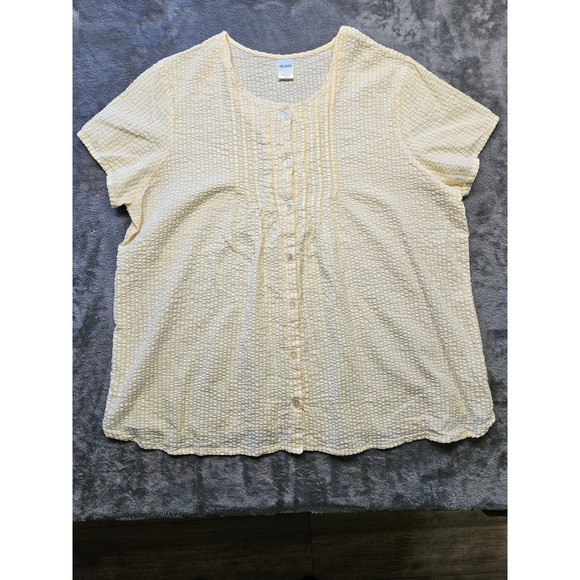 Blair Tops - Blair Womens 2XL Yellow White Seersucker Stripe Cotton Button Front Blouse Top